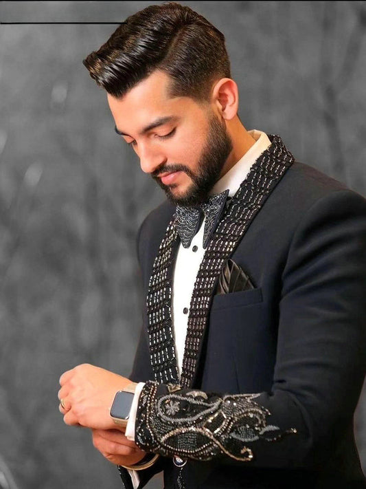 Costume deux pièces noir de luxe fait main avec perles et cristaux pour homme (veste + pantalon)