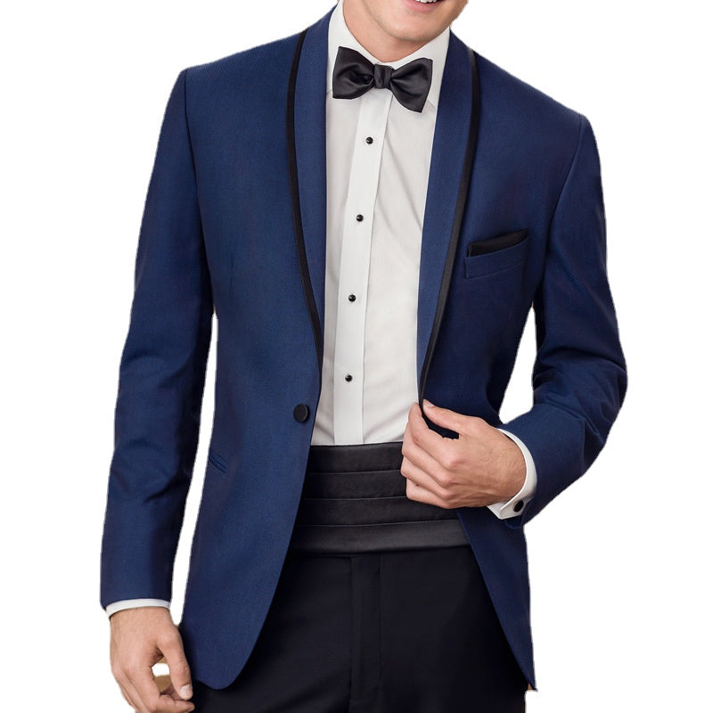 Blue Wedding Tuxedos Groom Wear Two Piece Blazer Black Shawl Lapel Business Men Suits Custom Made Jacket Pants Waistband