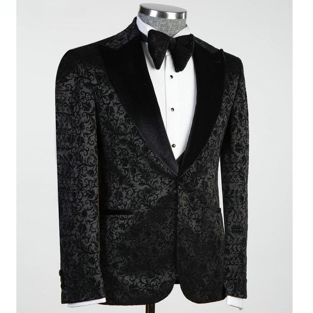 Costume homme trois pièces en jacquard noir (veste + gilet + pantalon)