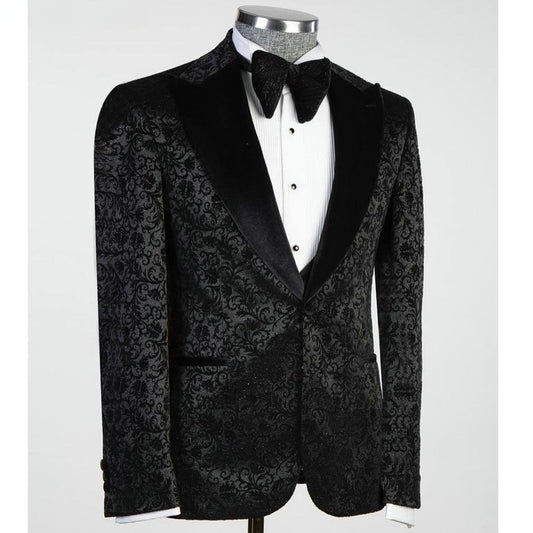 Costume homme trois pièces en jacquard noir (veste + gilet + pantalon)