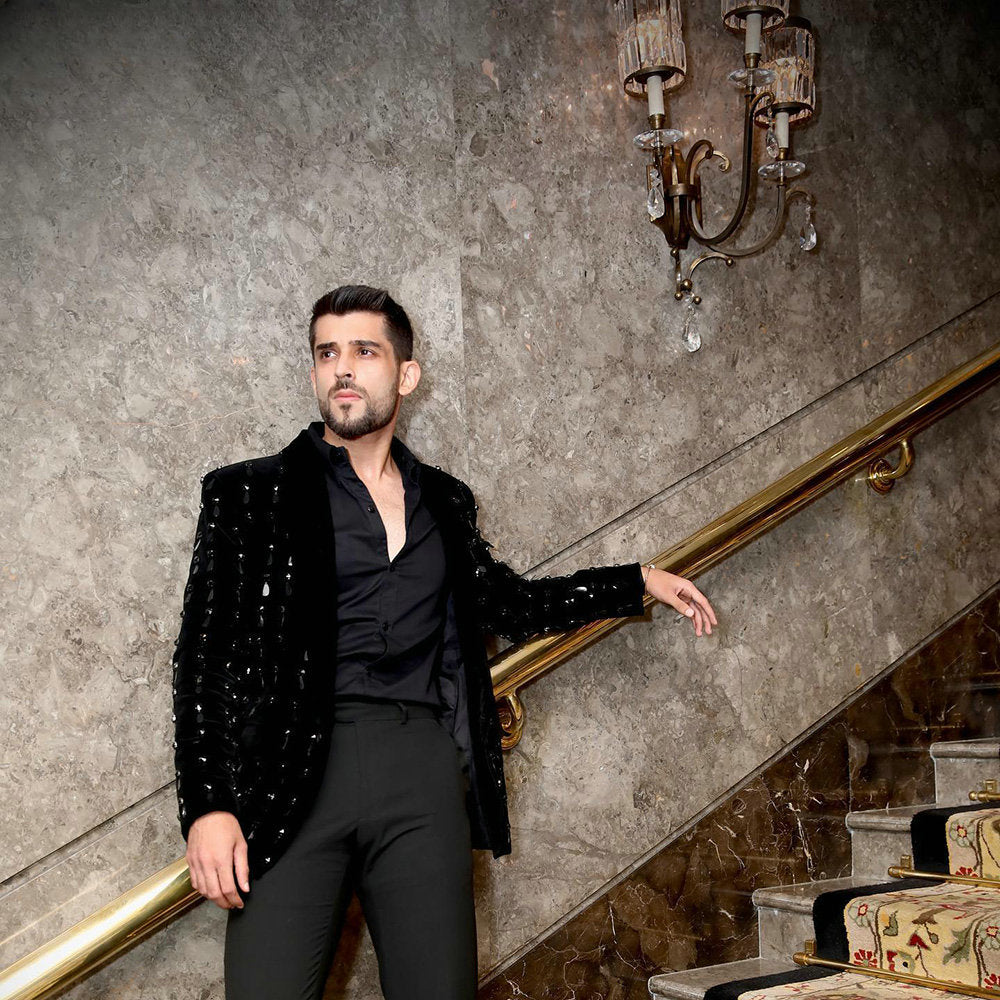 Costume 2 pièces noir avec perles de cristal pour homme, blazer et pantalon, smoking, haute couture, mariage, bal, grande taille, sur mesure
