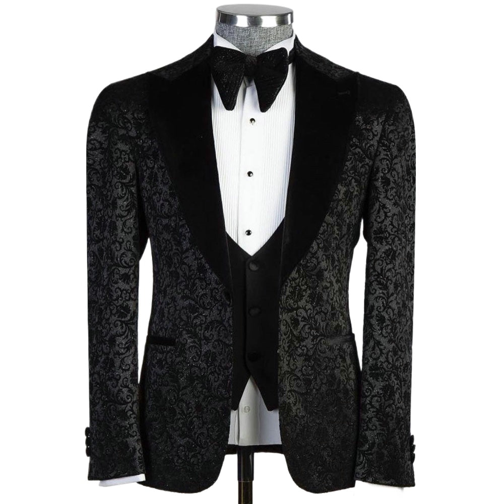 Traje de hombre de tres piezas en tejido jacquard con lijado negro (chaqueta, chaleco y pantalón)