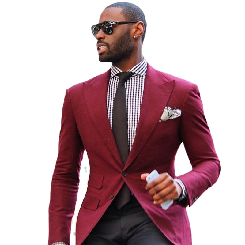 2 Piece Slim Fit Burgundy Men Business Suit With Black Pants Custom Groom Wedding Tuxedo Prom Wedding Busniess Suit