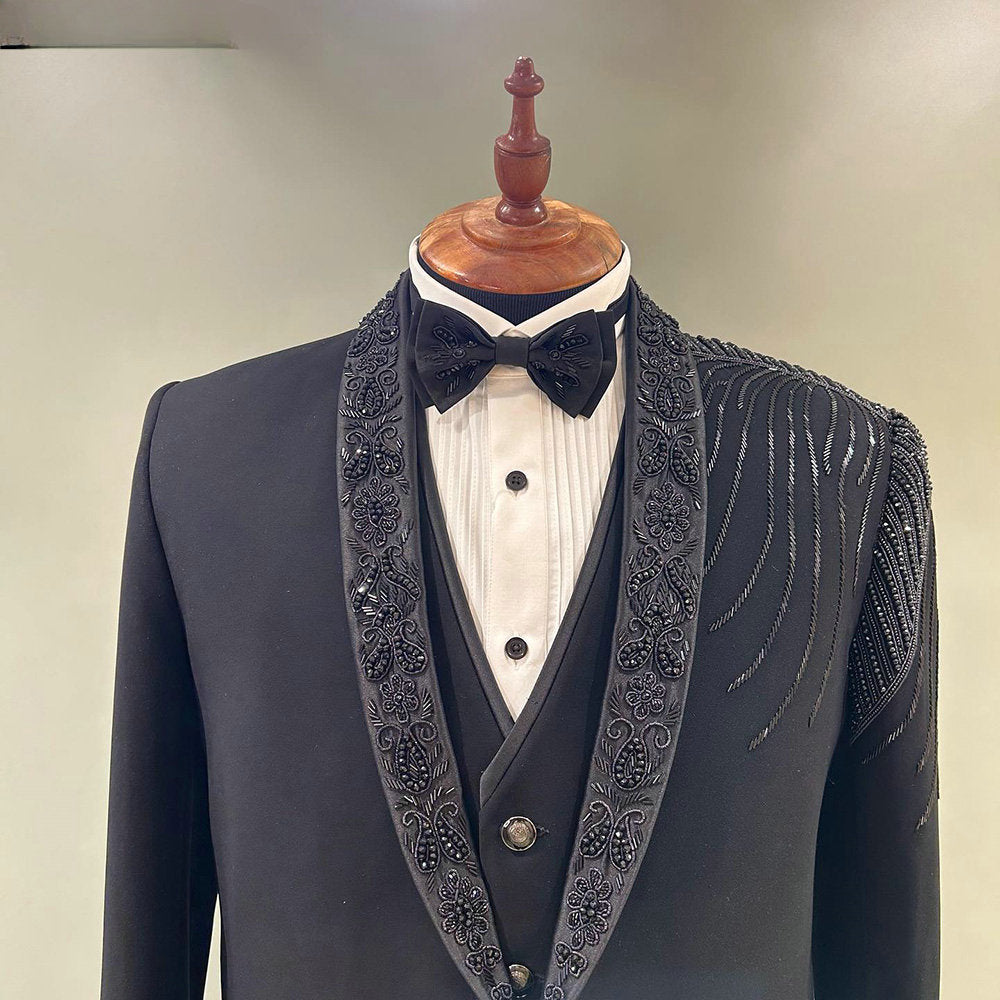 Costume de marié 3 pièces noir à paillettes et perles, ensemble blazer de bal sur mesure, mode masculine
