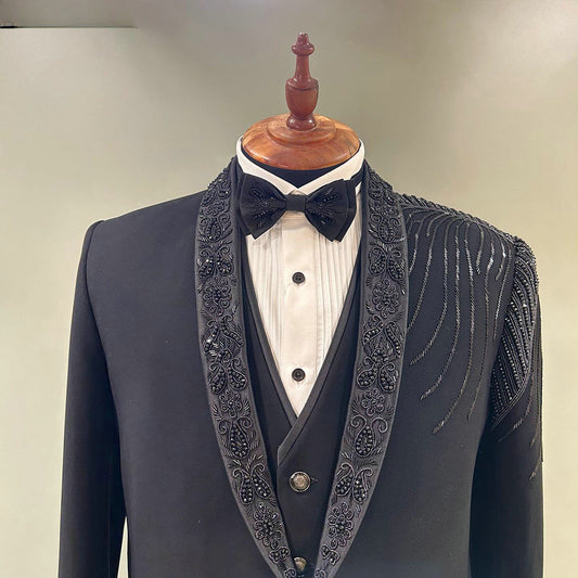Costume de marié 3 pièces noir à paillettes et perles, ensemble blazer de bal sur mesure, mode masculine