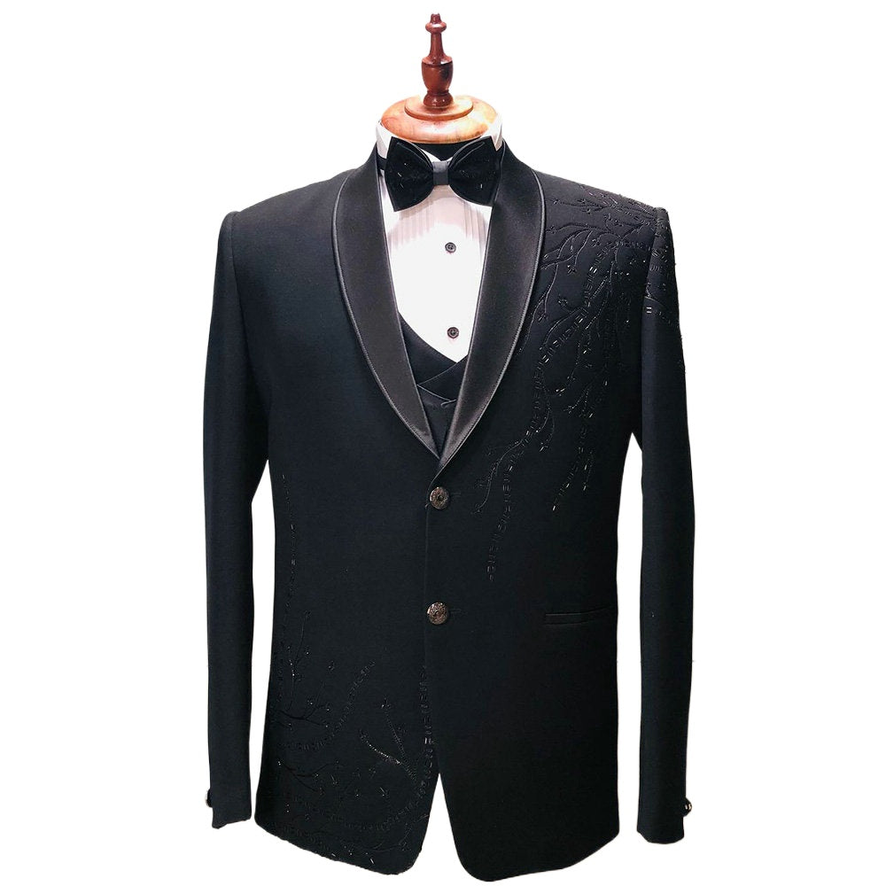 Black Appliques Beading Groom Wedding Tuxedos 2 Pieces Formal Suits Men Custom Made Black Prom Blazer Sets Male Fashion