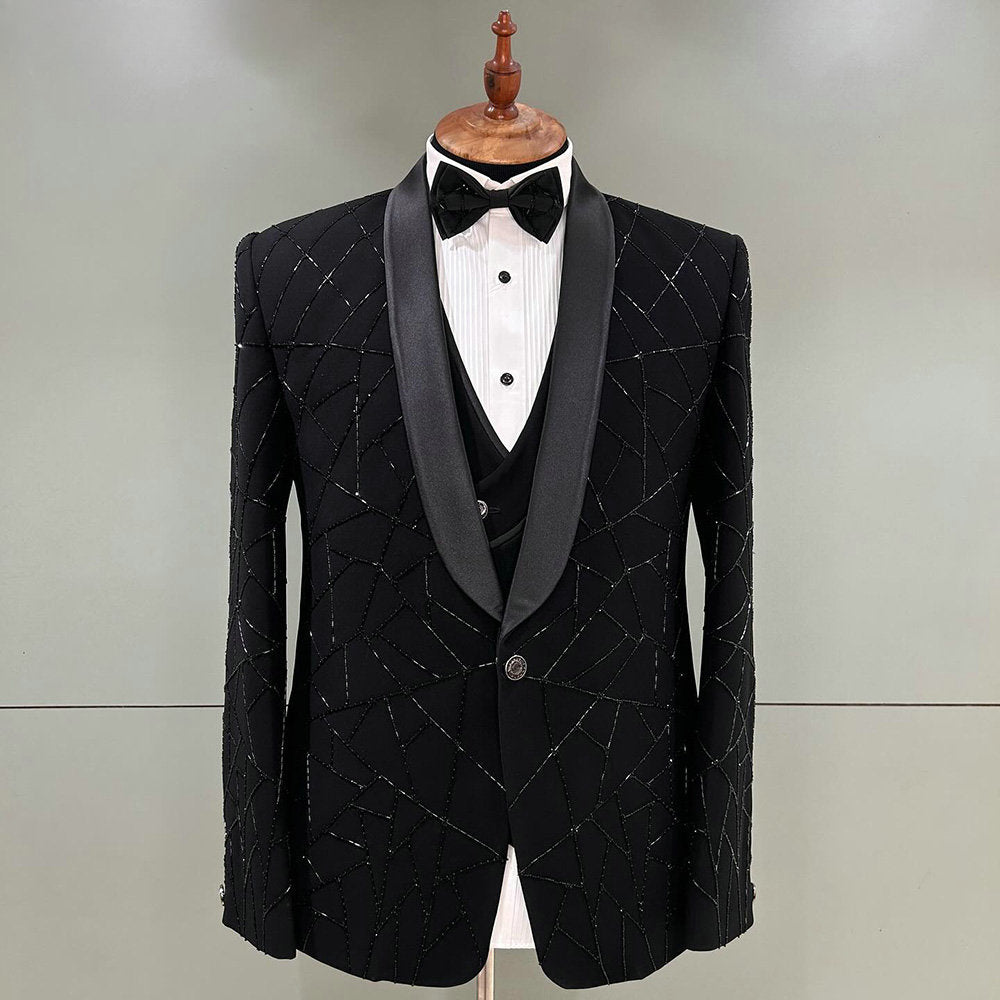 Black 3 Pieces Groom Wedding Tuxedos Beading Formal Suits Men Custom Made Black Prom Blazer Sets Male Fashion