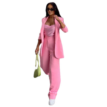 Pink Blazer Suits Set 2 Pieces Women Outfits Wedding Party Dress Loose Lady Jacket With Trousers