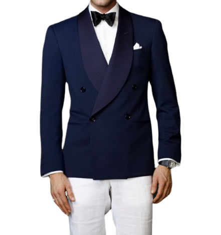 Traje de novio con abrigo azul y pantalón blanco, vestido de novia, vestido de graduación, traje de negocios, traje de fiesta de 2 piezas (chaqueta y pantalón) 