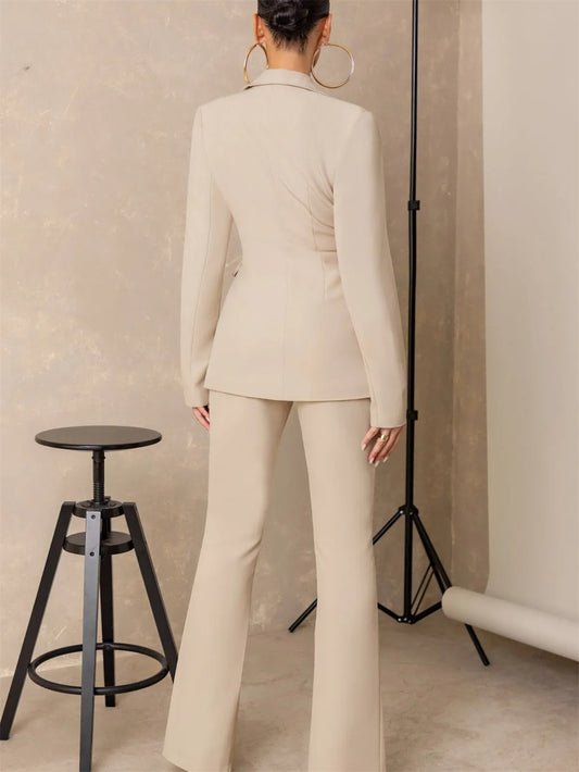 Chic Beige Tailored Pantsuit Set for Women - Elegant Office Attire with Stylish Cutouts - Perfect for Parties and Formal Events - Customizable Fit 2PCS Set