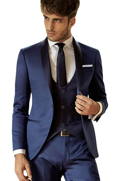Navy Blue Shawl Lapel Formal Men Suits Coat Blazer Trousers Slim Fit Prom Groom 3 Pcs Jacket+Pants+Vest