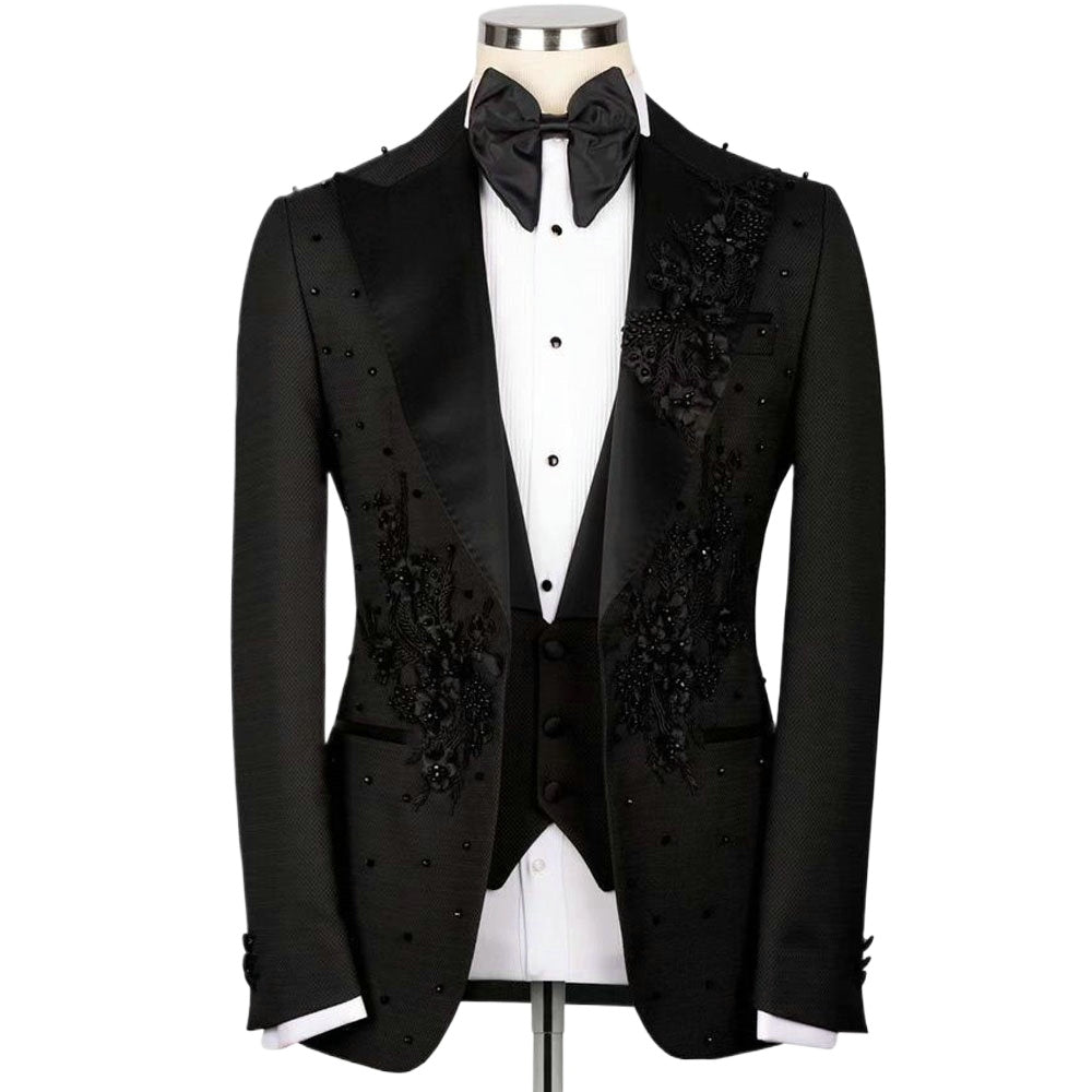 Black Elegant 3D Floral Lace Pearls Men Suits 2 Pieces (Jacket + Pants+Vest)