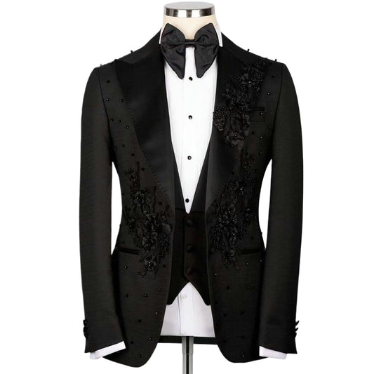 Costume 2 pièces noir élégant en dentelle florale 3D et perles pour homme (veste, pantalon et gilet)