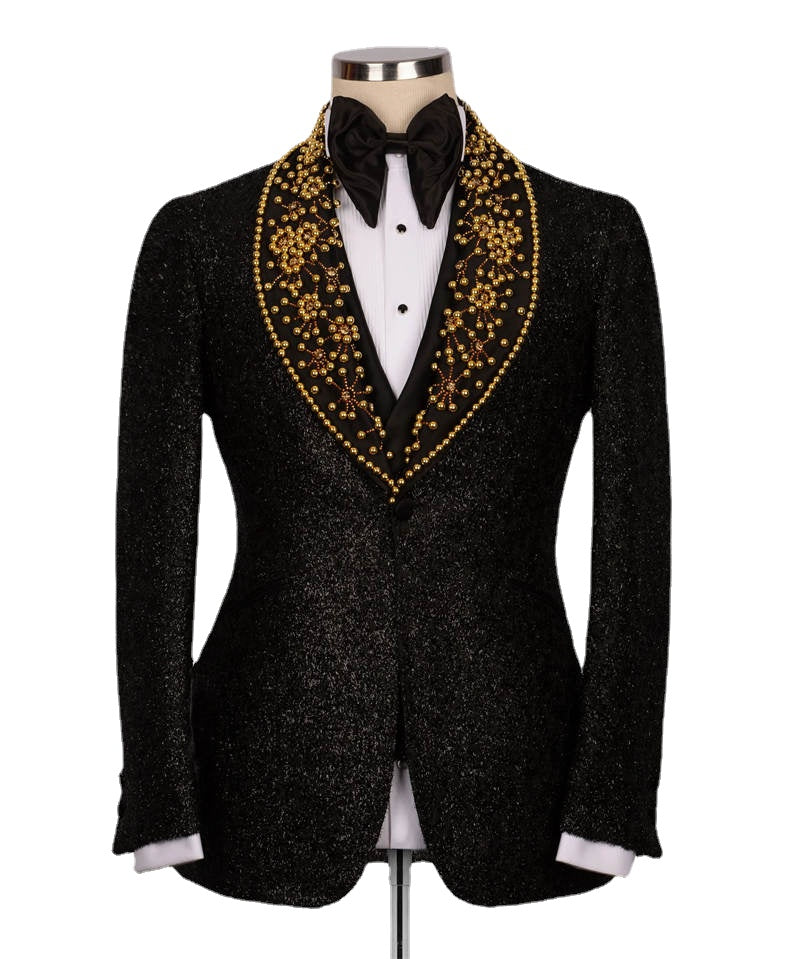 Gold Pearls Black Glitter Groom Wedding Tuxedo Tailored Made 3pcs Blazer Vest Pants Formal Male Prom Party Suit Business Wear