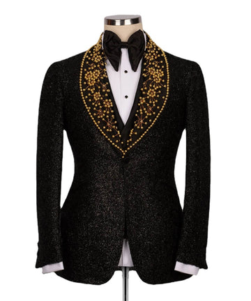 Gold Pearls Black Glitter Groom Wedding Tuxedo Tailored Made 3pcs Blazer Vest Pants Formal Male Prom Party Suit Business Wear