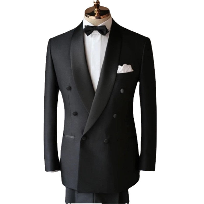 Costume d'affaires noir à revers châle pour homme, coupe slim, 2 pièces, costume de marié pour homme, tenue décontractée, ensemble blazer et pantalon 