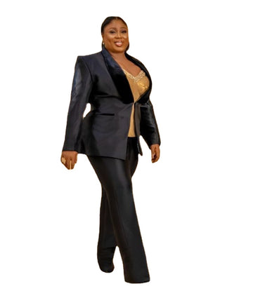 Plus Size Black Women Suits Office Set 2 Pcs Satin Custom Made Blazer+Pants Formal Business Velvet Lapel Prom Dress