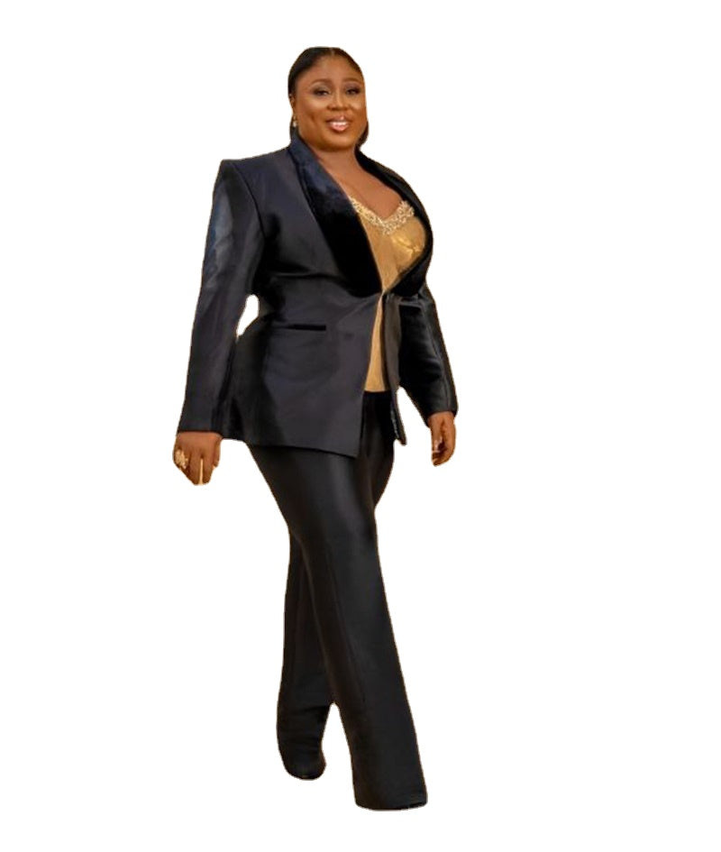 Conjunto de 2 piezas de trajes de oficina para mujer, de talla grande, color negro, de satén, a medida, blazer y pantalones, formal, de negocios, de terciopelo, con solapa, para vestido de fiesta. 