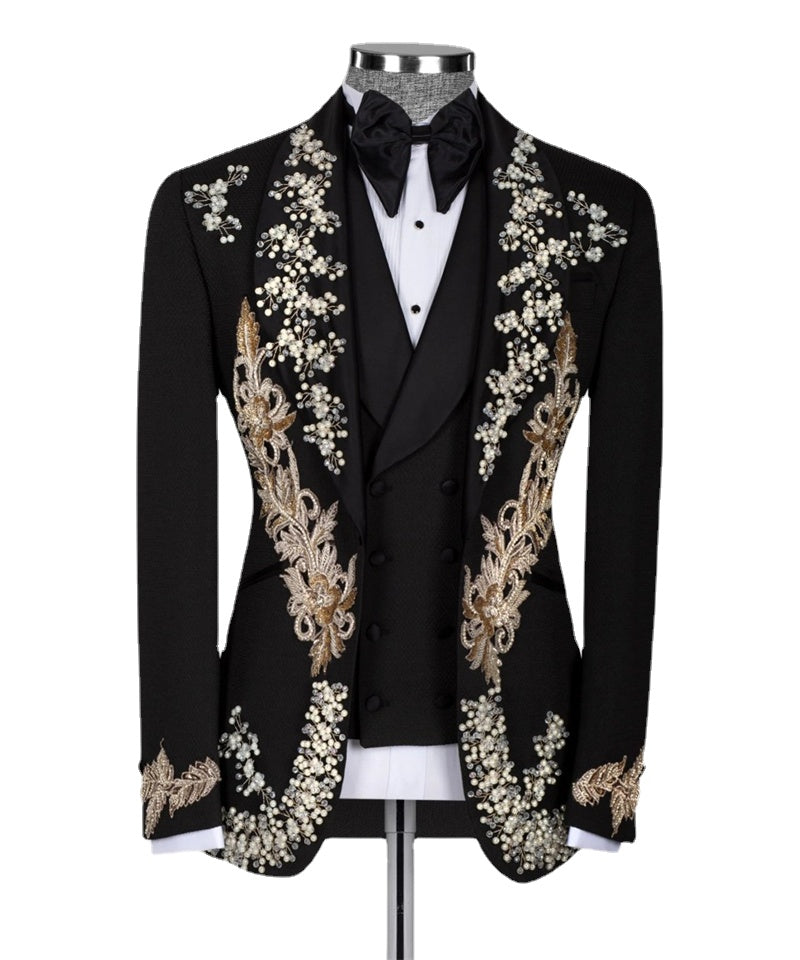 Luxury Groom Men Suits Slim Fit Crystal  Appliques Wedding Tuxedos Tailored Made 3pcs Blazer Vest Formal Male Prom Party Dress