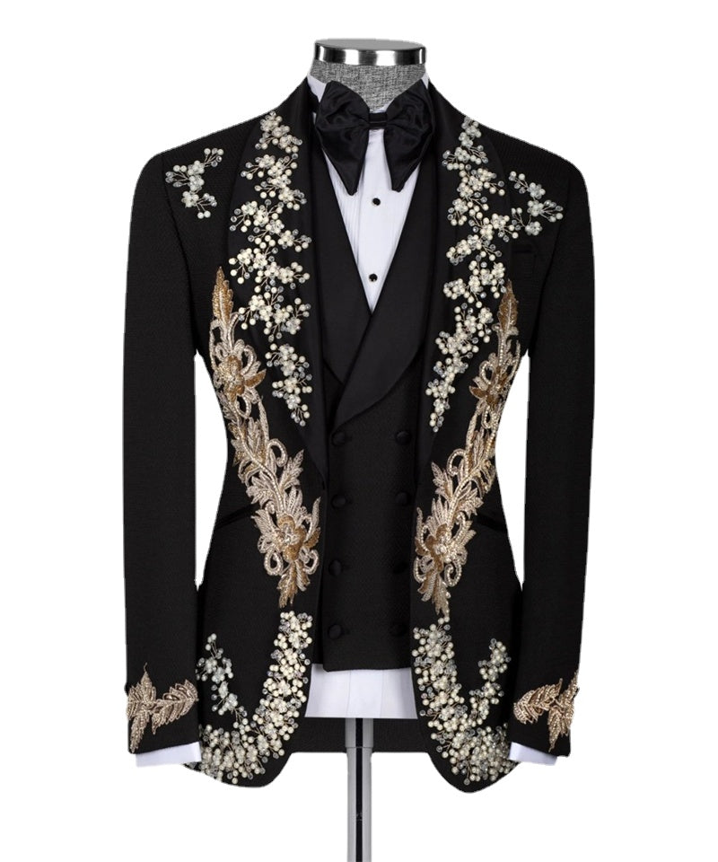 Trajes de novio de lujo para hombre, corte entallado, con apliques de cristal, esmoquin de boda a medida, 3 piezas, blazer, chaleco, vestido formal de fiesta de graduación para hombre 