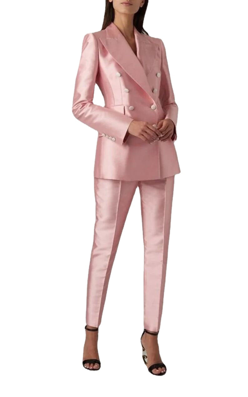 Bright Pink Satin Women Blazer Suits Slim Fit Street Power Leisure Evening Party Jacket Outfit Wedding Wear 2 Pieces