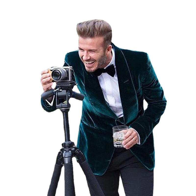 2 Piece Green Velvet Men Suit With Black Wool Pants Custom Groom Wedding Tuxedo 2 Piece Slim Fit Prom Wedding Suit