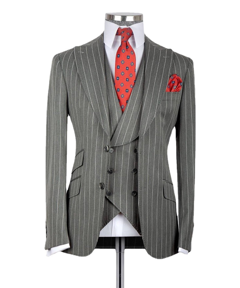 Costume classique à rayures grises pour homme, smoking de mariage 3 pièces, blazer, gilet, pantalon, costume formel pour homme, tenue d'affaires 
