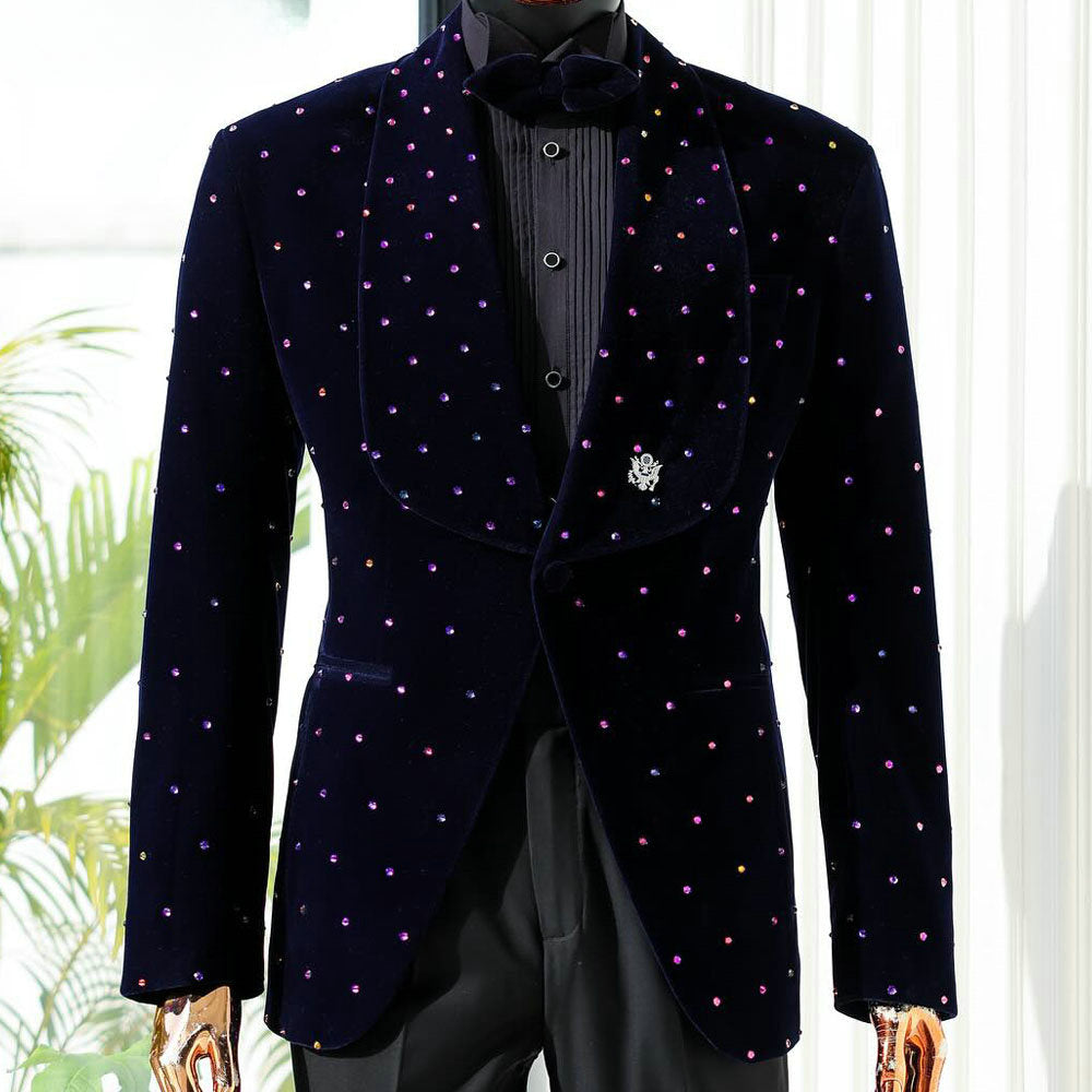 Black Velvet Men Suits 2 Piece with Pearls Fashion Business Casual Wear Party Wedding Groom Tuxedo Jacket&Pants