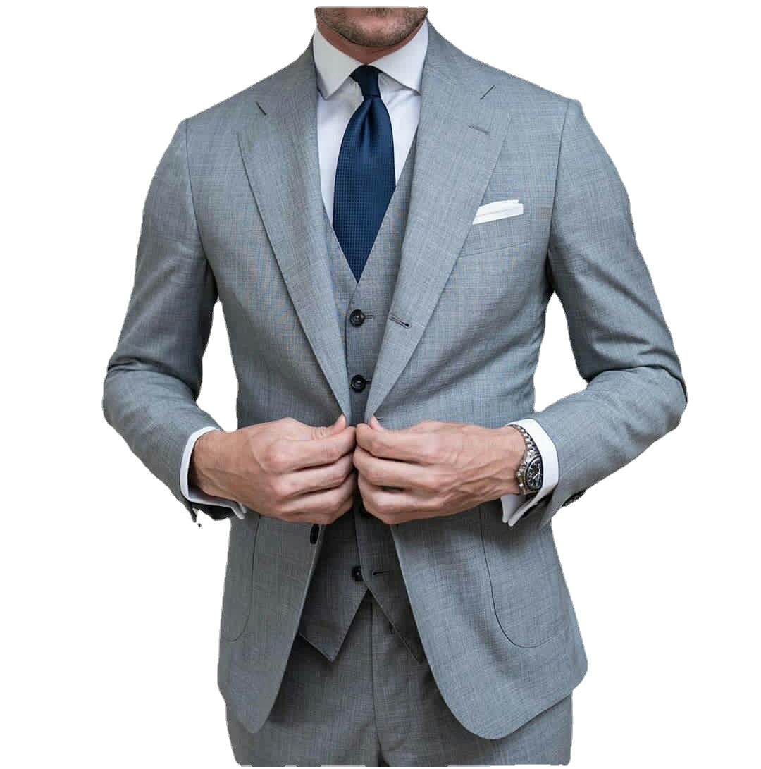 Grey men Wedding Tuxedos Two Buttom Peaked Lapel Groom Wear Party Prom Best Men Blazer Suit(Jacket+Vest+Pants)