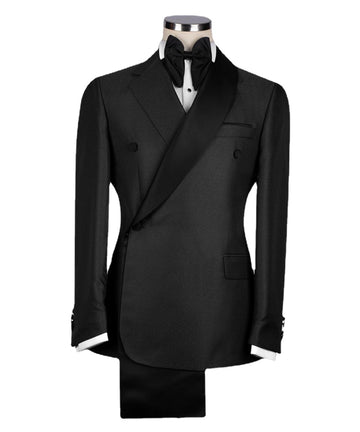 Elegant Black Satin Collar Dark Blue Double Breasted Wedding Tuxedo 2pcs Blazer Pants  Groom Wedding Prom Party Suits