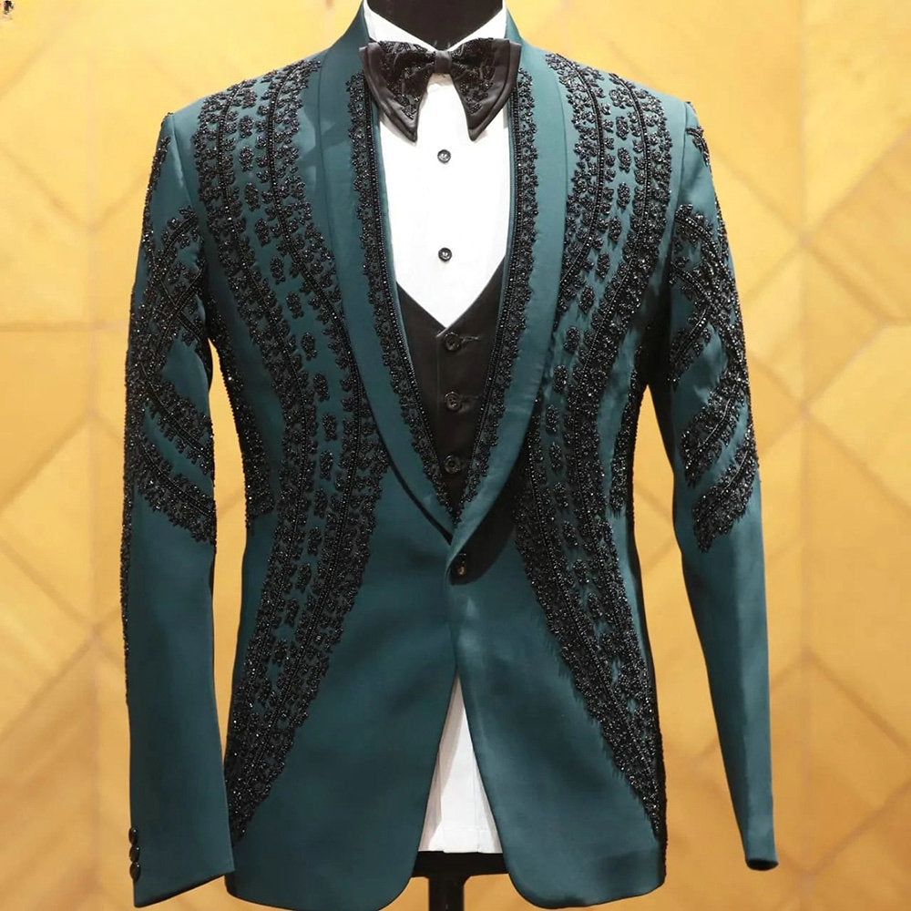 Smoking de mariage vert pour homme, costume trois pièces formel avec perles en cristal, sur mesure, blazer noir pour bal de promo, mode masculine