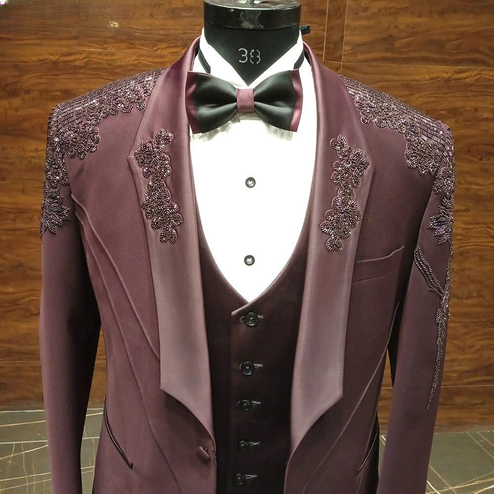 Costume 3 pièces violet à perles pour homme, blazer, gilet, pantalon, paillettes, appliques, smoking, haute couture, mariage, bal, grande taille, sur mesure