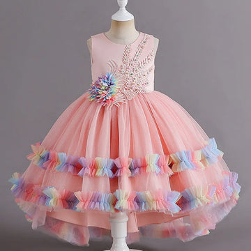 Girls Sleeveless Tulle Pink Princess Dress with Rainbow Ruffles and Floral Embellishment