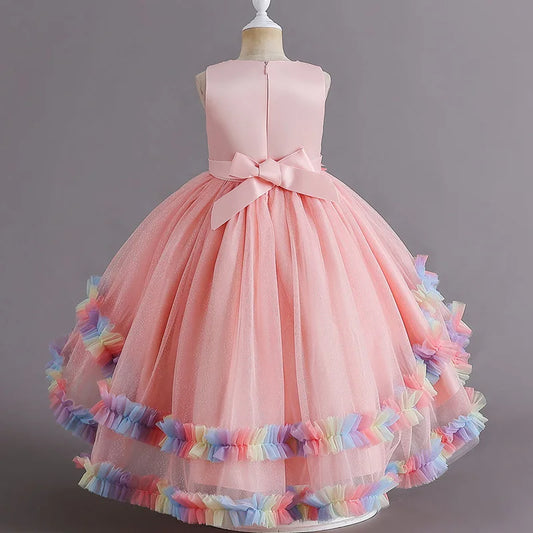 Girls Sleeveless Tulle Pink Princess Dress with Rainbow Ruffles and Floral Embellishment