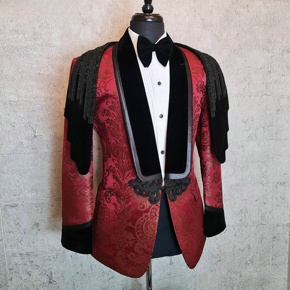 Red Crystal Beading Two Pieces Men Suits Jacquard Weave Evening Party Blazer Groom Wear ( Jacket + Pants )