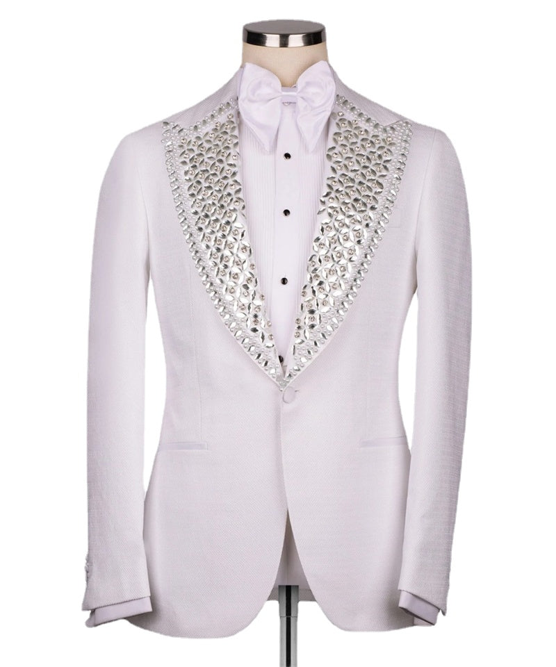 Esmoquin de boda de lujo de Dubái, traje formal blanco para novio, corte entallado, con cuentas de cristales, blazer, chaleco, pantalón, traje árabe para fiesta de graduación 