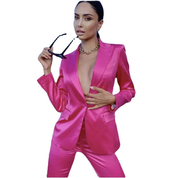 Pink Shiny Satin Women Suits 2 Piece Blazer Pants Outfit Spring Summer Ladies Suits Casual Daily Set Custom Made