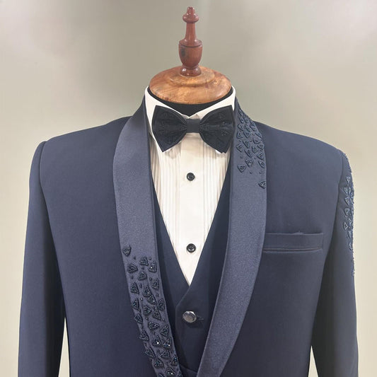 Blazers bleus pour hommes, costumes de banquet à la mode avec cristaux et diamants, veste d'affaires 3 pièces, gilet et pantalon