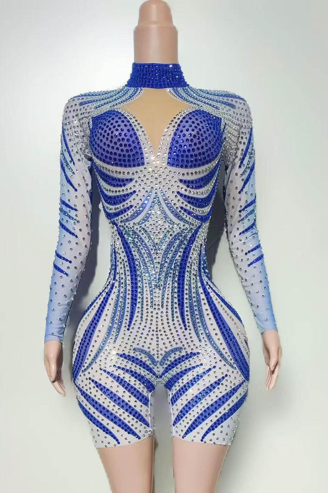 Rulan Luxury Rhinestone Mesh Jumpsuit Shorts Tight and Sexy Singer Models Nightclub Bar Party Performance Costumes