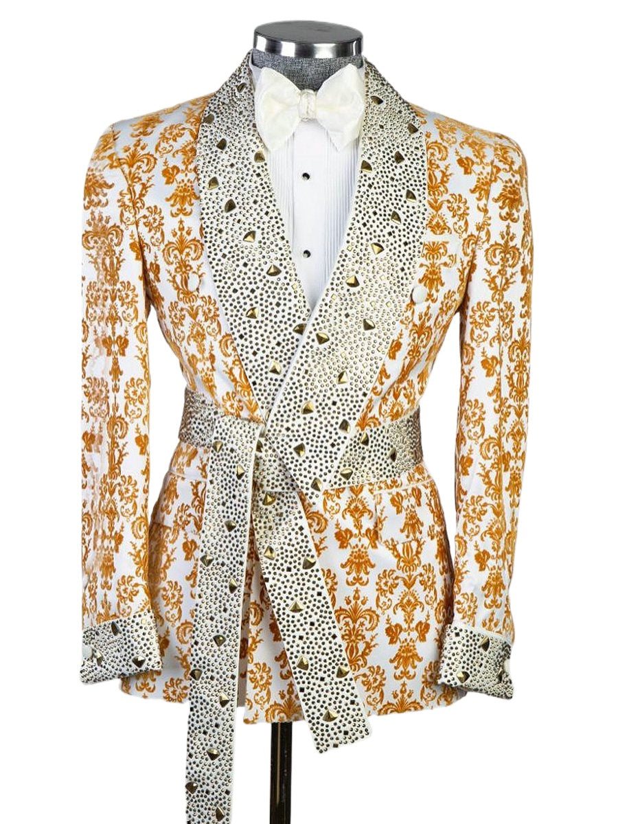 Traje de fiesta de noche con estampado dorado para hombre, blazer de dos piezas con cristales brillantes, traje de novio (chaqueta + pantalón)