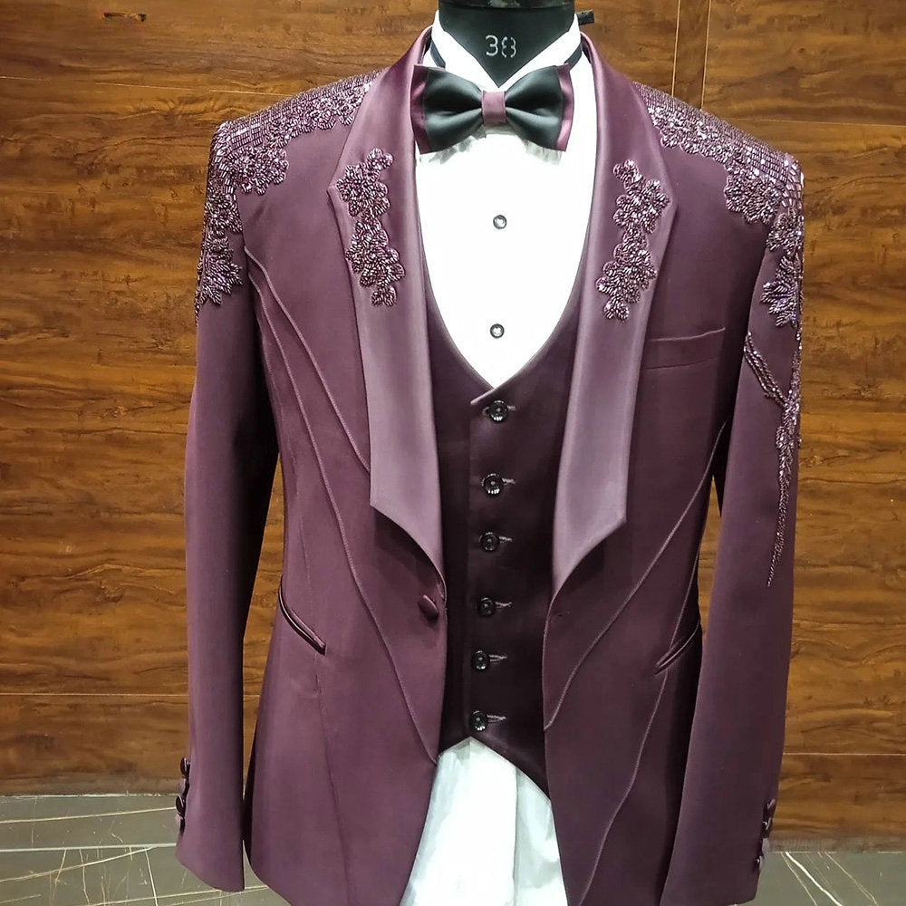 Costume 3 pièces violet à perles pour homme, blazer, gilet, pantalon, paillettes, appliques, smoking, haute couture, mariage, bal, grande taille, sur mesure