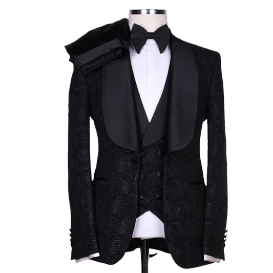 Traje elegante de tres piezas para hombre, para fiesta formal de noche, tejido jacquard (chaqueta, chaleco y pantalones)