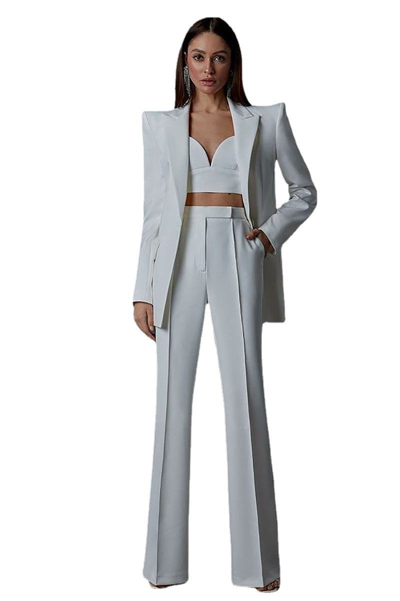 Conjunto de 3 piezas de traje de pantalón para mujer: blazer, top, sujetador y pantalones, para fiestas, ocasiones especiales, vestido formal de oficina, vestido de graduación, hecho a medida. 