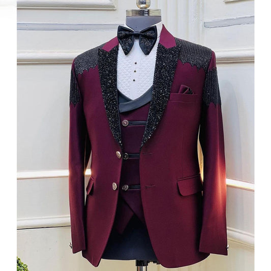 Burgundy Crystal Sequined Blazers Men Suits Fashion Banquet 2 Piece Business Jacket Pants Trousers