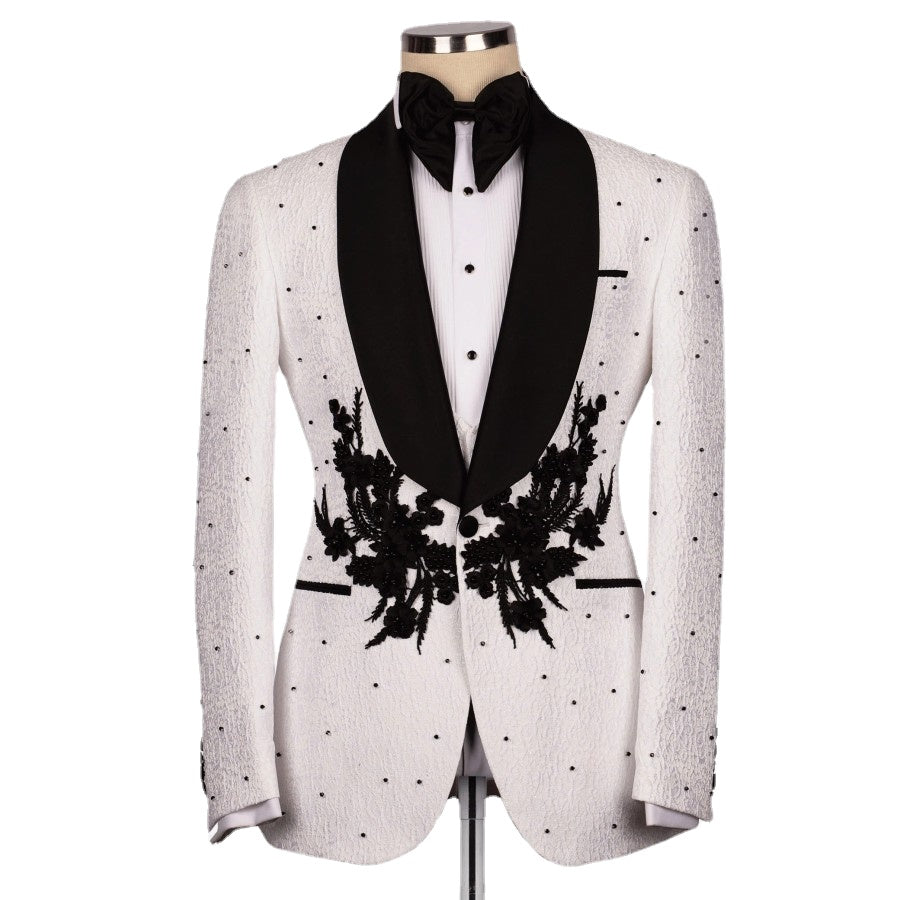 Esmoquin de boda de lujo blanco, traje formal para novio, 3 piezas, corte entallado, apliques de cristales, vestido de fiesta a medida para hombre. 
