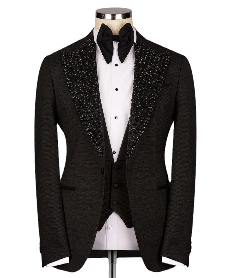 Esmoquin de boda de lujo negro formal para novio, traje de corte entallado con cuentas de cristales, blazer, chaleco y pantalón para hombre, traje de fiesta de graduación a medida 