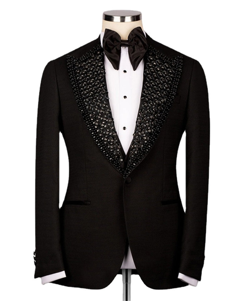 Esmoquin de boda de lujo negro formal para novio, traje de hombre ajustado con cristales y cuentas, blazer, chaleco y pantalón, traje de fiesta de graduación a medida 