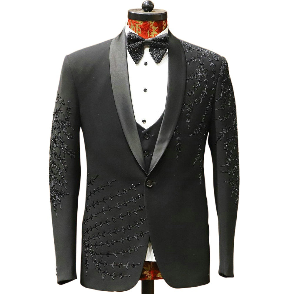 Costume 2 pièces noir pour homme, blazer et pantalon, avec appliques à paillettes et perles, smoking, haute couture, mariage, bal, grande taille, sur mesure