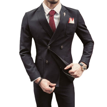 Men Slim Fit Suits Single Button Blue Coat With Black Pant Wedding Suits For Men 2 Pieces
