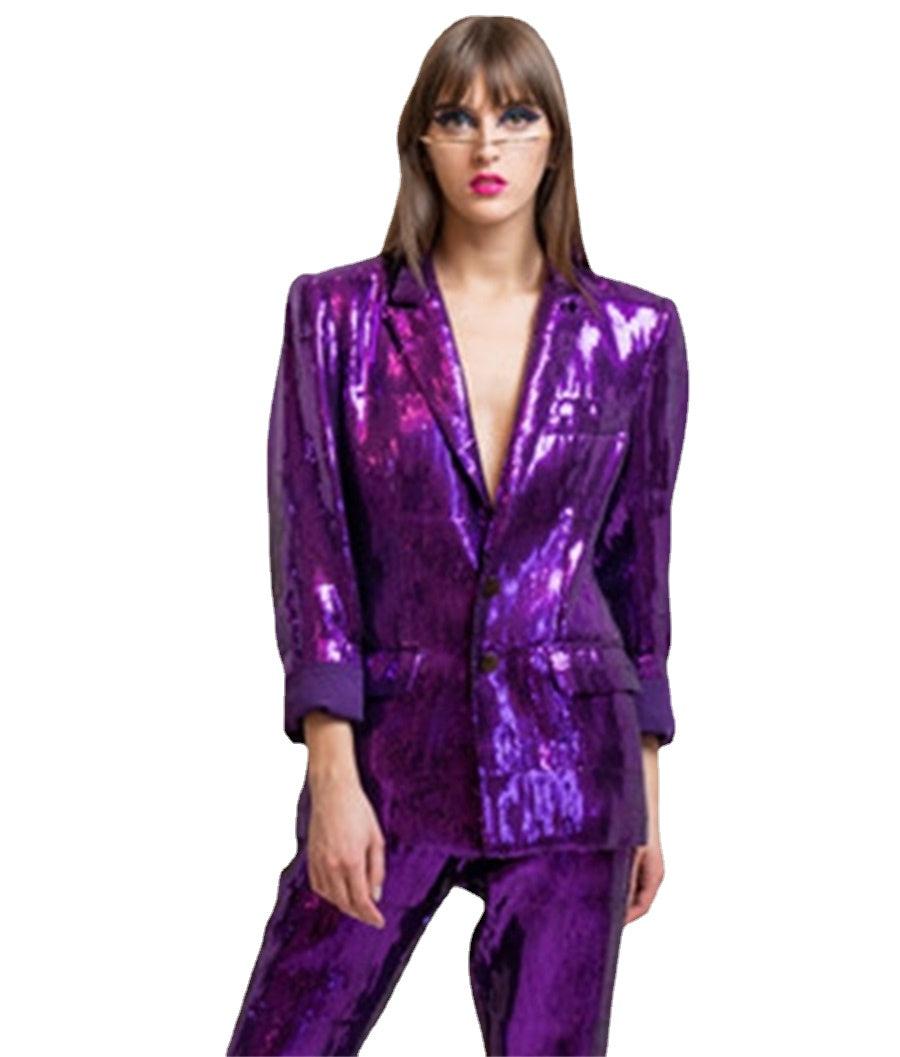 Conjunto de 2 piezas de pantalón y pantalón con lentejuelas brillantes para mujer, sexy, de un solo pecho, para fiesta de graduación, formal, de noche, trajes hechos a medida. 